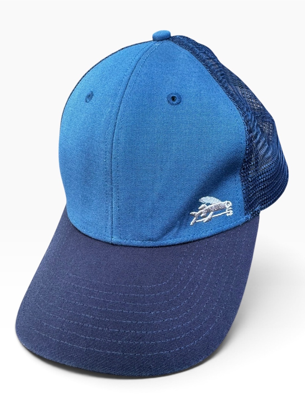 Patagonia Snap Back Trucker Hat with Flying Fish Logo, Teal and Navy, unisex
